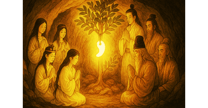 A scene where the Yasakani no Magatama is offered in front of the cave entrance