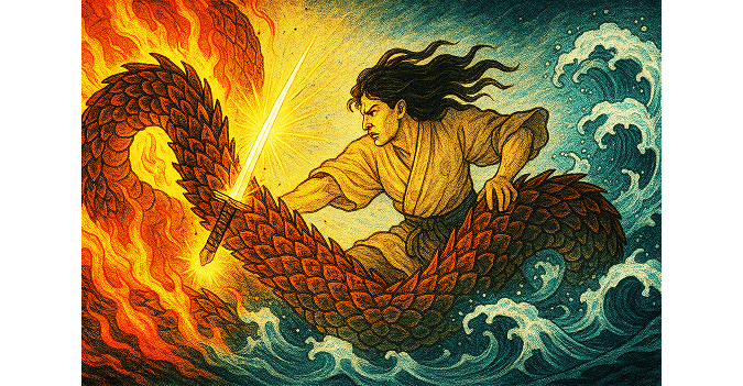 The battle between Susanoo and Yamata no Orochi