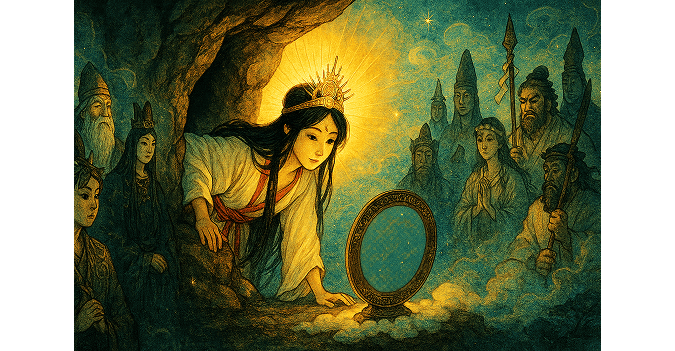 The scene that Amaterasu looked into the Yata Mirror