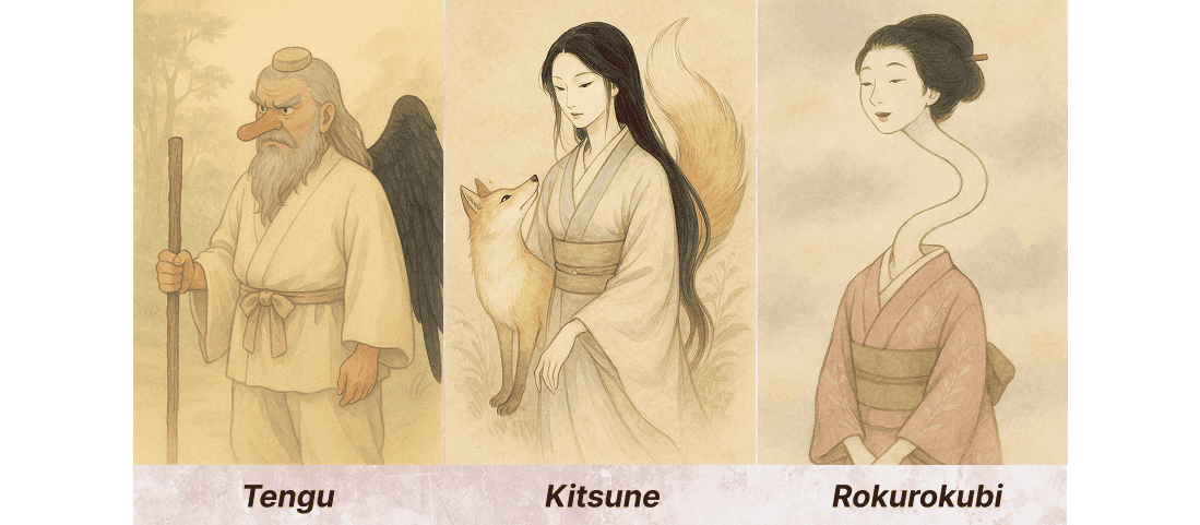 an image of Tengu, Kitsune, and Rokurokubi