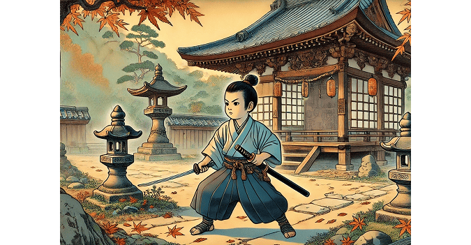 Yoshitsune practicing swordsmanship