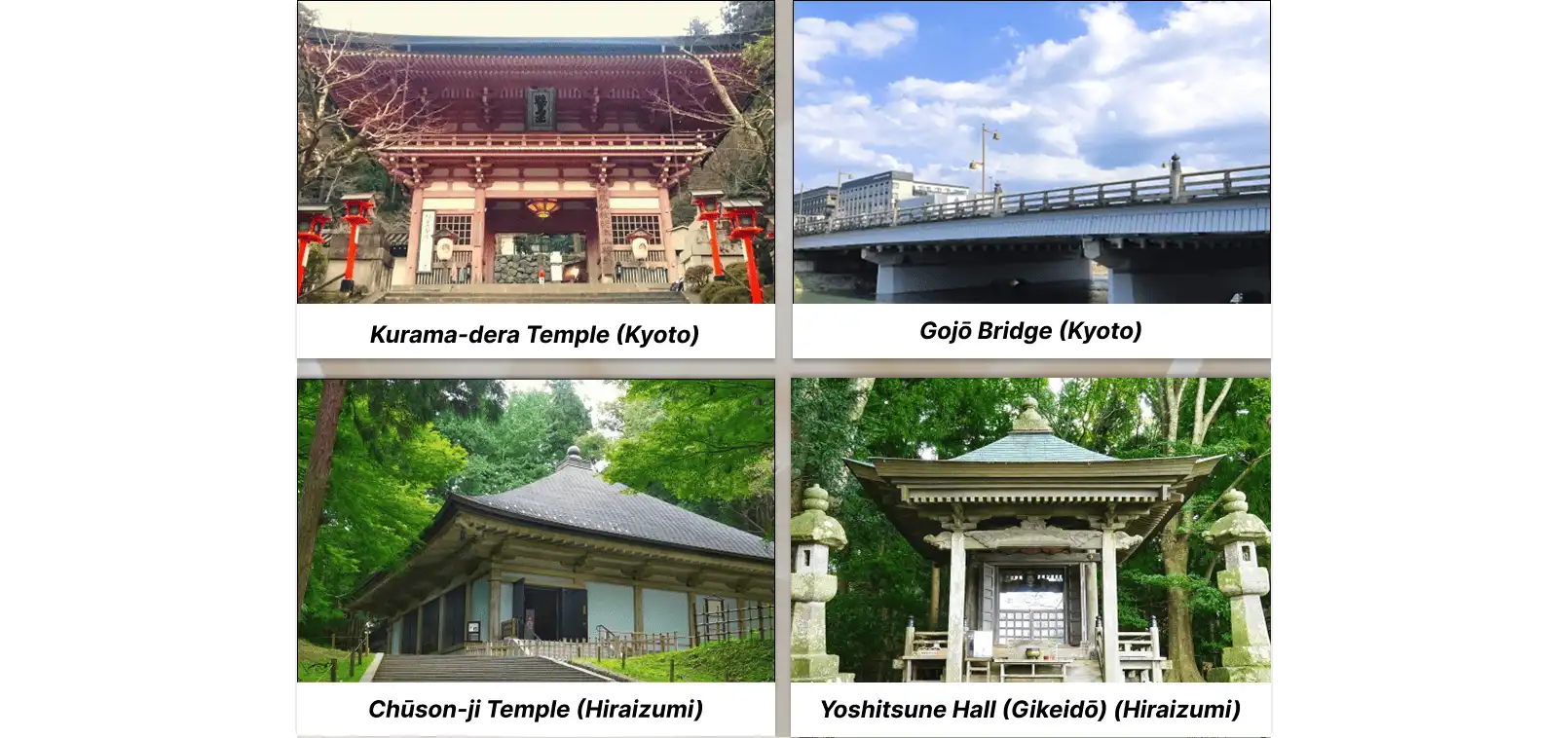 Kurama-dera Temple, Gojō Bridge, Chūson-ji Temple and Yoshitsune Hall