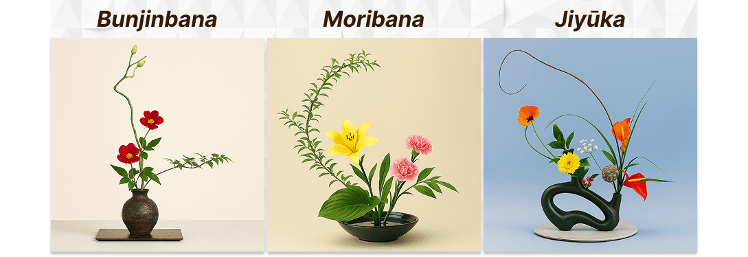 Types of ikebana (Bujinbana, moribana, and Jiyūka