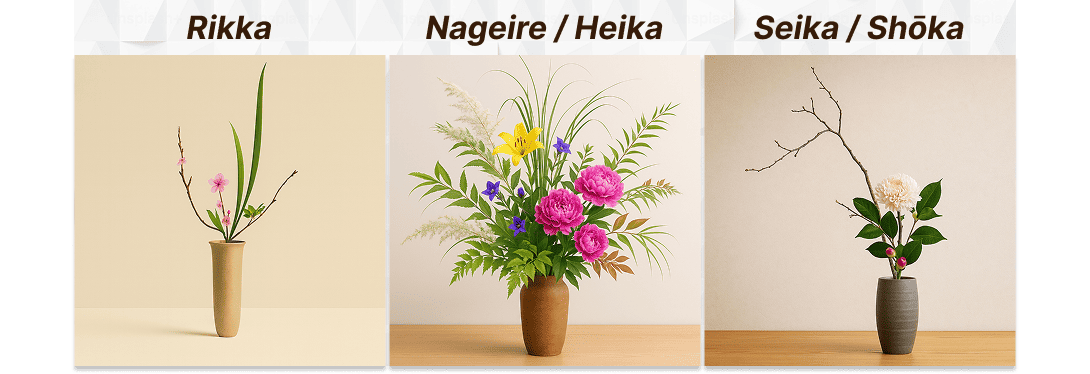 Types of ikebana (Riika, Nageire / Heika, and Seika / Shōka