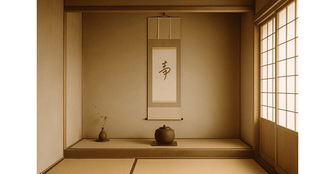 We can see the kakejiku in the tokonoma