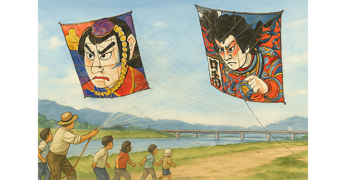 A large kite rising into the sky