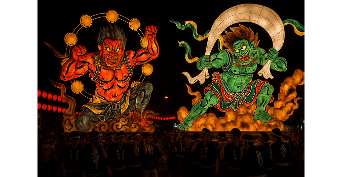An image of Fūjin** and **Raijin in a Japanese festival 