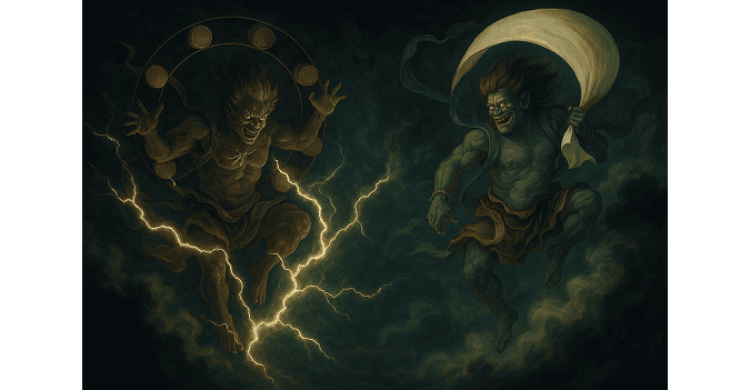 A image of Fūjin** and **Raijin in Japan