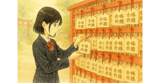 Image of praying for success at a shrine