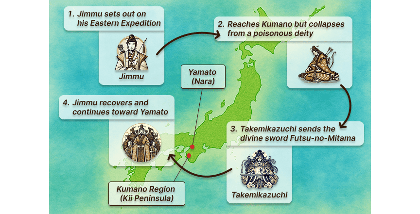 Illustrated summary of the myth of Emperor Jimmu and Takemikazuchi-no-Kami